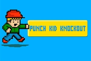 Pikselöity hahmo punaisessa hatussa ja vihreässä paidassa, joka lyö keltaista palkkia, jossa lukee PUNCH KID KNOCKOUT sinisellä taustalla