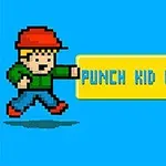 Pikselöity hahmo punaisessa hatussa ja vihreässä paidassa, joka lyö keltaista palkkia, jossa lukee PUNCH KID KNOCKOUT sinisellä taustalla
