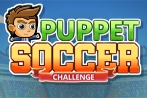 Piirroshahmon kasvot ja värikäs teksti Puppet Soccer Challenge sinisen stadionin edessä