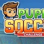 Piirroshahmon kasvot ja värikäs teksti Puppet Soccer Challenge sinisen stadionin edessä