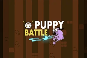 Ruskealla raidallisella taustalla on teksti Puppy Battle ja piirroshahmo koira, joka ampuu sinisiä energiasäteitä