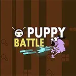 Ruskealla raidallisella taustalla on teksti Puppy Battle ja piirroshahmo koira, joka ampuu sinisiä energiasäteitä