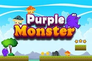Violetti monsteri hyppää tasolla, jossa on värikkäitä sieniä, kultakolikoita ja tähtiä sinisellä taustalla
