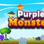 Violetti monsteri hyppää tasolla, jossa on värikkäitä sieniä, kultakolikoita ja tähtiä sinisellä taustalla