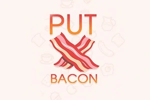 Teksti PUT BACON ja keskellä kaksi ristikkäistä pekoniviipaletta vaalealla taustalla