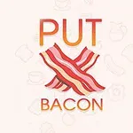 Teksti PUT BACON ja keskellä kaksi ristikkäistä pekoniviipaletta vaalealla taustalla