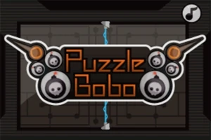 Graafisesti suunniteltu logo, jossa on oranssilla tekstillä sana Puzzle Bobo ja koristeena pommimaisia ikoneita tummalla taustalla