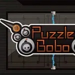 Graafisesti suunniteltu logo, jossa on oranssilla tekstillä sana Puzzle Bobo ja koristeena pommimaisia ikoneita tummalla taustalla