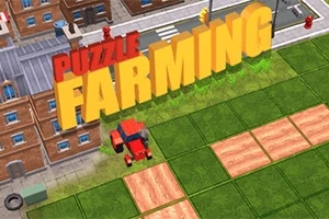 Punainen traktori pellolla, taustalla tiilirakennuksia ja suurikokoinen teksti Puzzle Farming