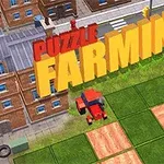 Punainen traktori pellolla, taustalla tiilirakennuksia ja suurikokoinen teksti Puzzle Farming