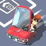 Punaisessa autossa istuu aurinkolasipäinen hahmo parkkiruutumerkinnän päällä