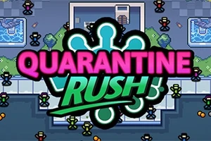 Värikäs pelin logo Quarantine Rush erottuu ruudulla pienten hahmojen liikkuessa taustalla