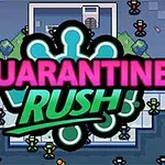 Värikäs pelin logo Quarantine Rush erottuu ruudulla pienten hahmojen liikkuessa taustalla