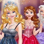 Neljä prinsessaa seisoo rivissä juhlavissa, kimaltavissa iltapuvuissa ja kruunuissa