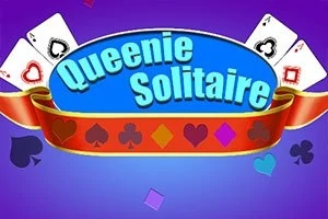 Korttipelisymbolit violetilla taustalla, keskellä teksti Queenie Solitaire sinisellä ovaalilla