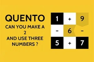 Keltainen tausta, jossa vasemmalla teksti QUENTO CAN YOU MAKE A 2 AND USE THREE NUMBERS?