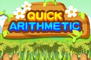 Puinen kyltti, jossa on teksti Quick Arithmetic, koristeltuna valkoisilla kukilla ja vihreillä lehdillä, taustalla vihreä maisema ja sininen taivas