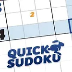 Sudokuruudukko, jossa on numeroita, sininen korostus ja Quick Sudoku -logo