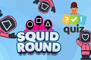 Pinkkipukuisia hahmoja mustilla maskeilla ja geometrisilla symboleilla sinisellä taustalla tekstin Squid Round quiz vieressä