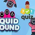 Pinkkipukuisia hahmoja mustilla maskeilla ja geometrisilla symboleilla sinisellä taustalla tekstin Squid Round quiz vieressä