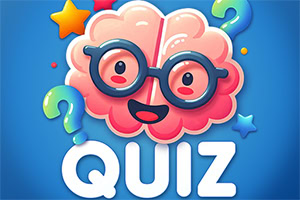 Piirretty vaaleanpunainen aivo silmälaseissa sinisellä taustalla, ympärillä kysymysmerkkejä ja teksti QUIZ