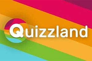 Värikäs tausta, jossa on sateenkaarenvärisiä vinoviivoja ja sana Quizland keskellä valkoisella tekstillä