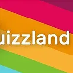 Värikäs tausta, jossa on sateenkaarenvärisiä vinoviivoja ja sana Quizland keskellä valkoisella tekstillä