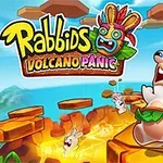 Pirteä kanihahmo juoksee tulivuorenpurkausta pakoon laavakivillä, taustalla värikkäitä pilviä ja naamio, jossa lukee Volcano Panic