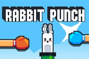 Tekstissä lukee Rabbit Punch, ja siinä on kuva, jossa kaksi nyrkkeilyhanskaa, oranssi ja sininen, ovat nousemassa kohti putkesta nousevaa pikseligrafiikalla piirrettyä jänistä