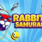 Piirrosmainos, jossa on punainen naamari päässä oleva kani, kelluvia sarjakuvamehiläisiä ja värikäs Rabbit Samurai 2 -teksti sinisellä taustalla