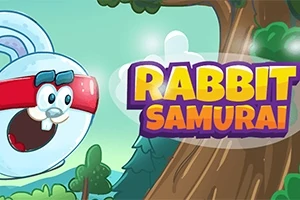 Valkoinen pupu punaisella otsapannalla ja isot hampaat hyppää puun vieressä sinisävyisessä metsämaisemassa, mukana teksti Rabbit Samurai