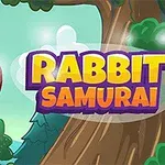 Valkoinen pupu punaisella otsapannalla ja isot hampaat hyppää puun vieressä sinisävyisessä metsämaisemassa, mukana teksti Rabbit Samurai