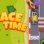 Autokilparata, jossa värikkäitä autoja kilpailee esteiden ympärillä ja teksti Race Time näkyy vasemmalla
