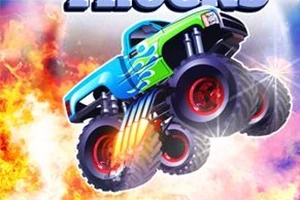 Sininen monsteriauto, jossa on vihreitä yksityiskohtia ja punaiset renkaat, hyppää ilmaan liekkien ja savun keskellä