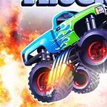 Sininen monsteriauto, jossa on vihreitä yksityiskohtia ja punaiset renkaat, hyppää ilmaan liekkien ja savun keskellä