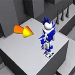 3D-hahmo sinisillä piikeillä seisoo harmaalla tasolla, johon osoittaa oranssi nuoli, ja taustalla näkyy teräviä piikkejä