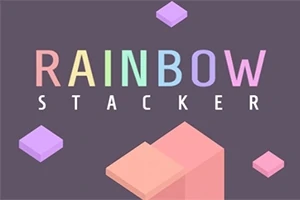 Taustalla on tummanharmaa väritys, jossa keskellä teksti RAINBOW STACKER pastelliväreissä, ja ympärillä on erivärisiä, kelluvia kuutioita