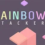 Taustalla on tummanharmaa väritys, jossa keskellä teksti RAINBOW STACKER pastelliväreissä, ja ympärillä on erivärisiä, kelluvia kuutioita