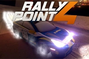 Rally Point 4 Kilpa-auto, jossa on sinisiä ja keltaisia yksityiskohtia, ajaa vauhdikkaasti pimeällä tiellä valot kirkkaasti loistaen