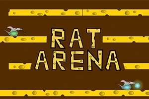 Kuvassa on keskellä teksti RAT ARENA ruskeaa taustaa vasten, ja ympärillä on juustopaloja sekä kaksi hiirtä