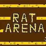 Kuvassa on keskellä teksti RAT ARENA ruskeaa taustaa vasten, ja ympärillä on juustopaloja sekä kaksi hiirtä