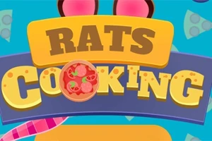Kirjaimet Rats Cooking, taustalla juustosiivuja ja pizzapala, sekä punaisia pyöreitä korvia