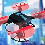 Punamustaa dronea kuvataan taivaalla pilvenpiirtäjien edessä