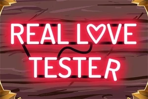 Neonpunainen REAL LOVE TESTER -teksti puutaustalla, jossa R-kirjain on korvattu sydämellä