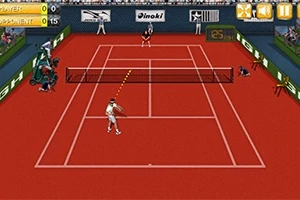 Kuvassa on kaksi tennispelaajaa punaisella kentällä kesken ottelun, ja katsomossa on yleisöä