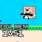 Kaksi pikselihahmoa taistelee toisiaan vastaan värikkäällä taustalla, jossa on teksti RECOIL ARENA 1VS1