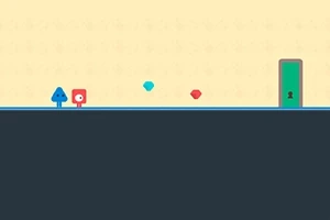 Geometriset hahmot seisovat tyhjällä radalla, jossa on kaksi timanttia ja lukittu ovi