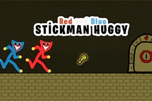 Kuvassa on sininen ja punainen tikku-ukko, jotka juoksevat kohti kultaista avainta ja lukittua ovea, taustalla teksti Red and Blue Stickman Huggy