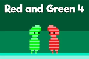 Kaksi pikselihahmoa, toinen vihreä ja toinen punainen, seisovat vierekkäin vihreällä taustalla otsikon Red and Green 4 alla