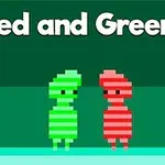 Kaksi pikselihahmoa, toinen vihreä ja toinen punainen, seisovat vierekkäin vihreällä taustalla otsikon Red and Green 4 alla